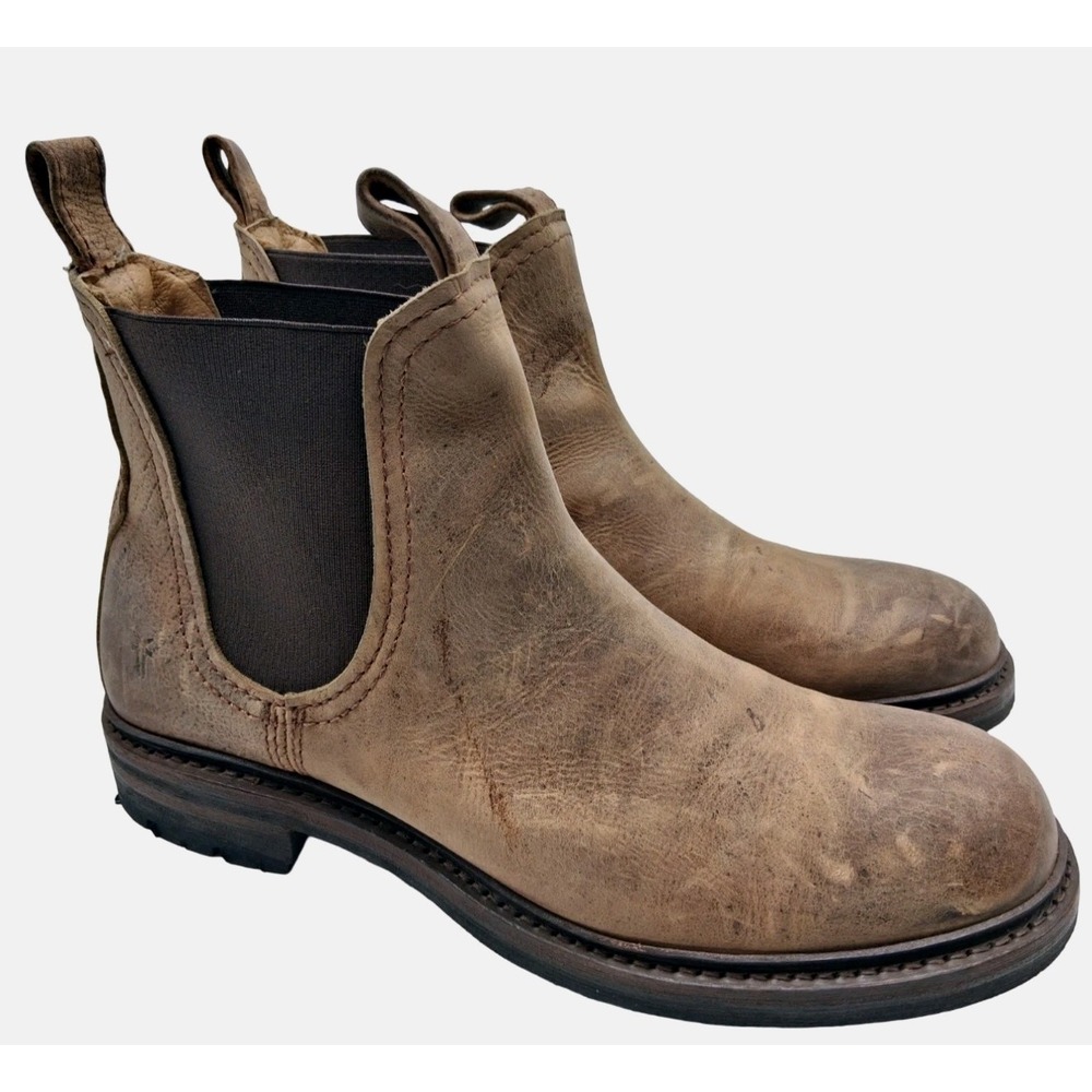 Frye Distressed Chelsea Boots Mens 9.5 D Brown Leather Pull On Casual Lug Sole